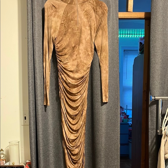 Elegant Tan Ruched Dress - Picture 2 of 3